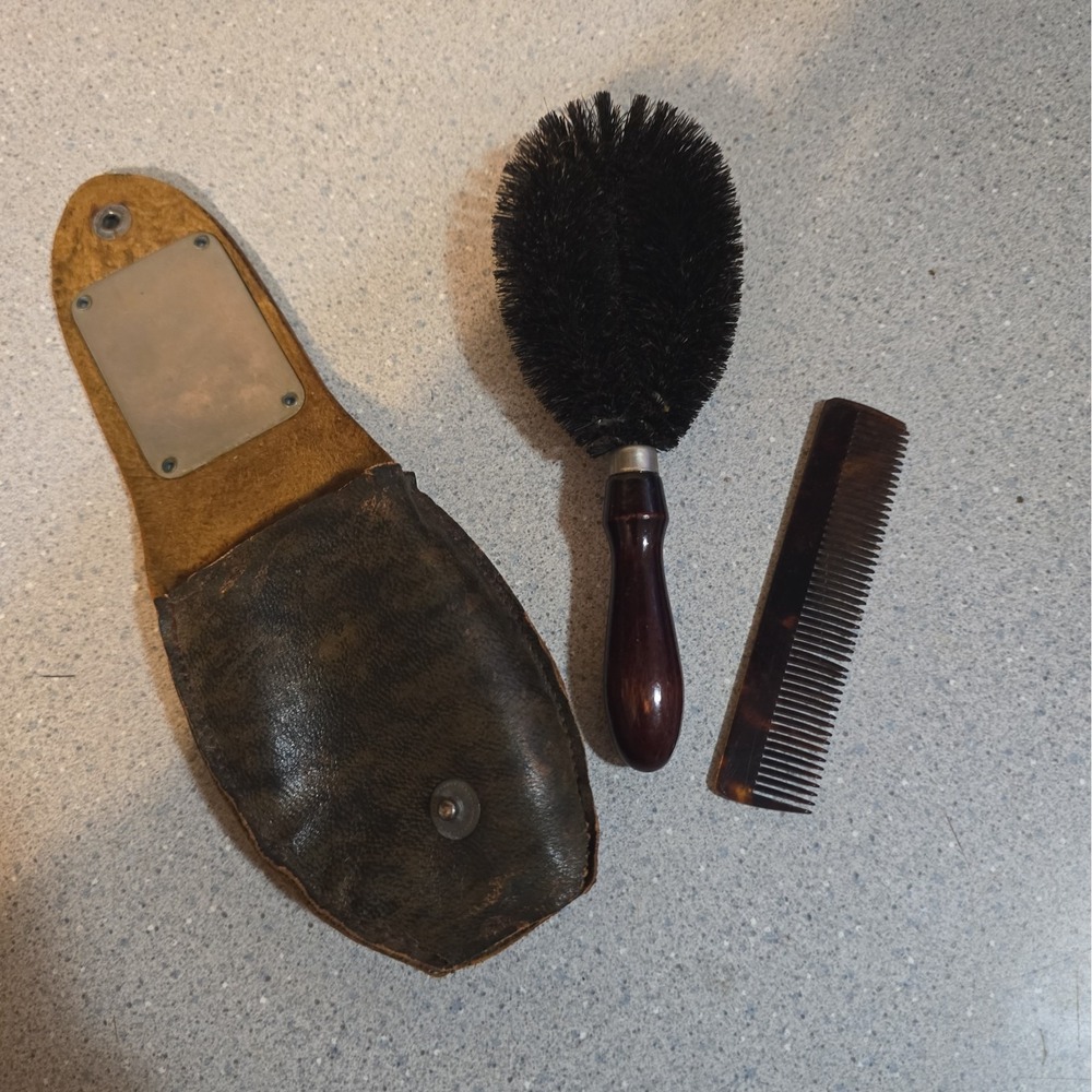 Vintage Antique Fuller Brush And Comb Brown with Leather Snap Case Wooden Handle